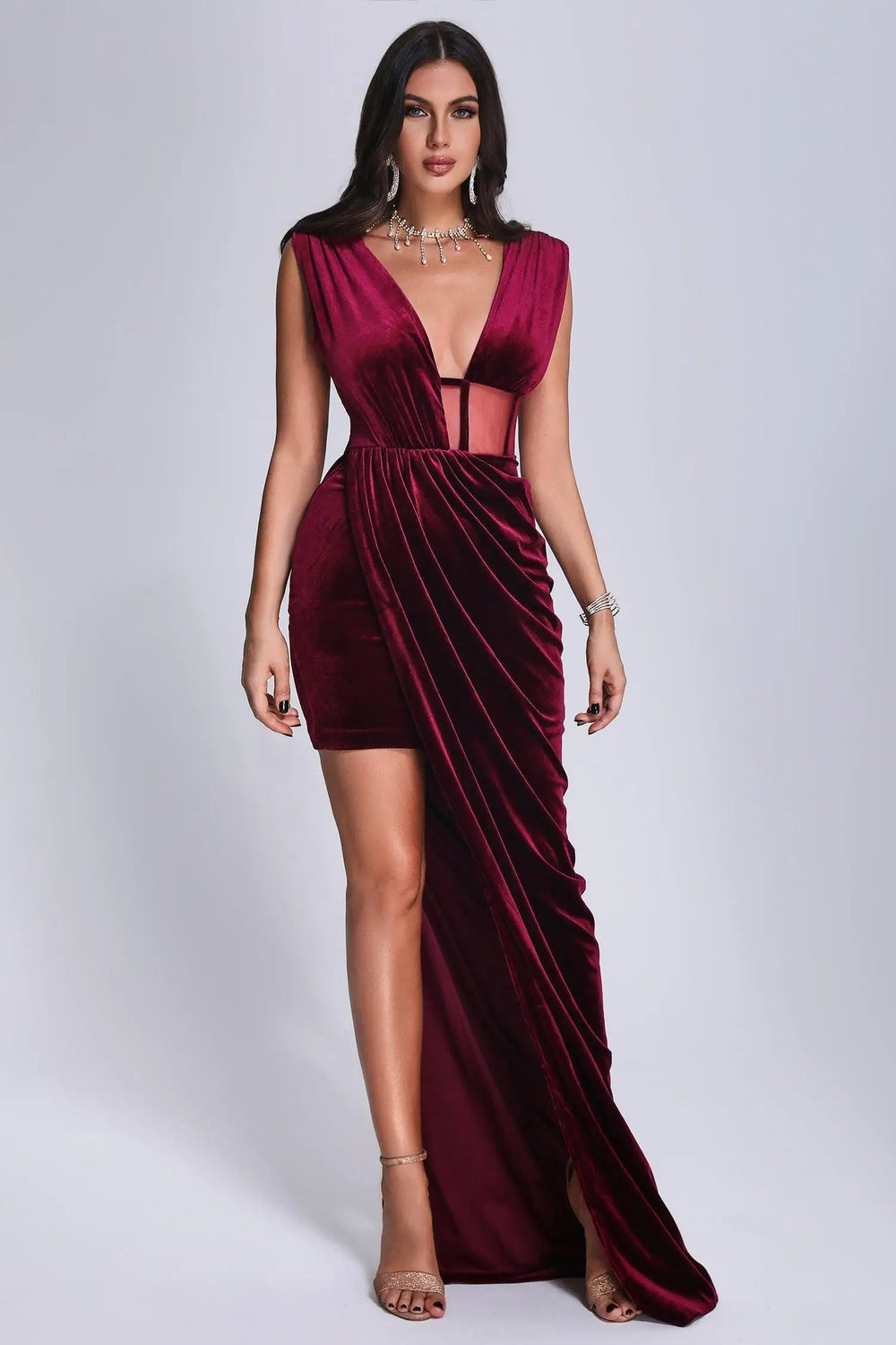 BEISHI Custom Clothing Manufacturer Wine Red Sexy Deep V Neck Sleeveless Evening Luxury Prom Velvet Maxi Women Dress Elegant Winteres