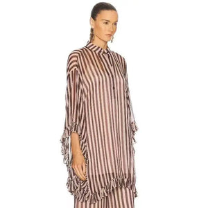 A10615 Migugarment Summer Spring Party Dress for Ladies V-neck Two-piece Long Set Button Tassel Embellishments Striped Dress Winteres