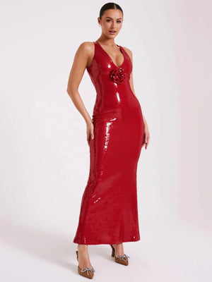 2024 Summer Women'S Dress Black Luxury Sequins Tight Sexy V-Neck Sleeveless Backless Catwalk Party Long Gowns With 3d Flower Winteres