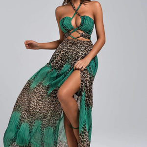 BEISHI Custom Manufacturer Halter Neck Sexy Slit Long Summer Casual Womens Maxi Dresses Animal Leopard Print Dresses for Women Winteres