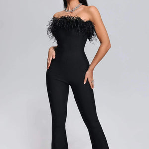 BEISHI Elegant Black One Piece Bodycon Playsuit Solid Strapless Off the Shoulder Bandage Jumpsuit Feather Women Winteres