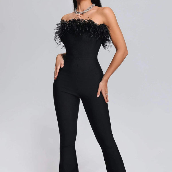 BEISHI Elegant Black One Piece Bodycon Playsuit Solid Strapless Off the Shoulder Bandage Jumpsuit Feather Women Winteres
