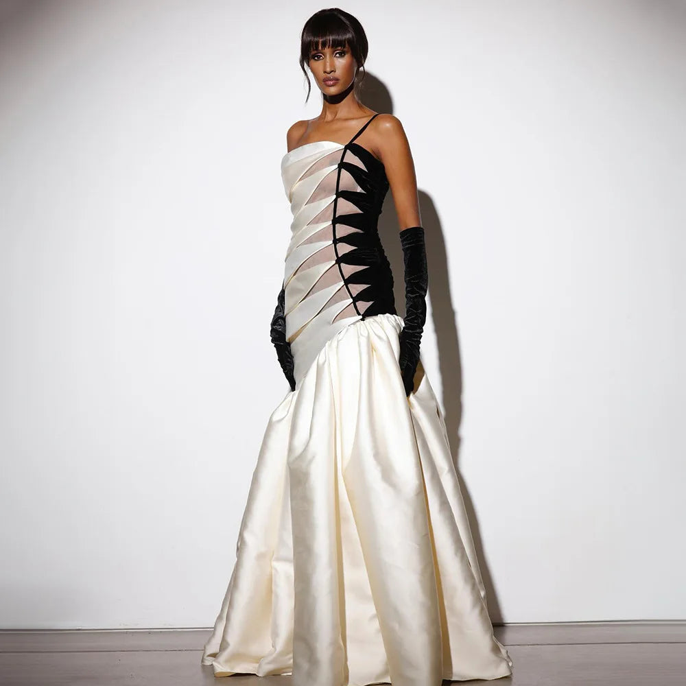 High Quality Boutique Strapless Fishtail Dress Single Shoulder Black and White Contrast Evening Wedding Dress Winteres