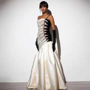 High Quality Boutique Strapless Fishtail Dress Single Shoulder Black and White Contrast Evening Wedding Dress Winteres