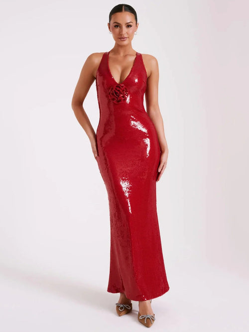 2024 Summer Women'S Dress Black Luxury Sequins Tight Sexy V-Neck Sleeveless Backless Catwalk Party Long Gowns With 3d Flower Winteres