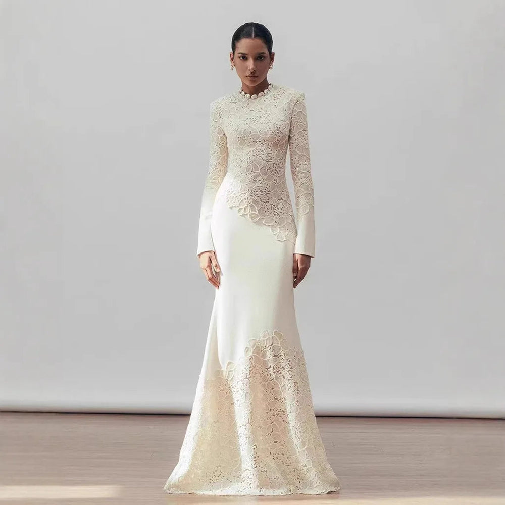 Fashion Luxury High Quality Vintage Elegant Hook Flower Fishtail White Dress 2024 Winter New Tight Banquet Evening Dress Winteres