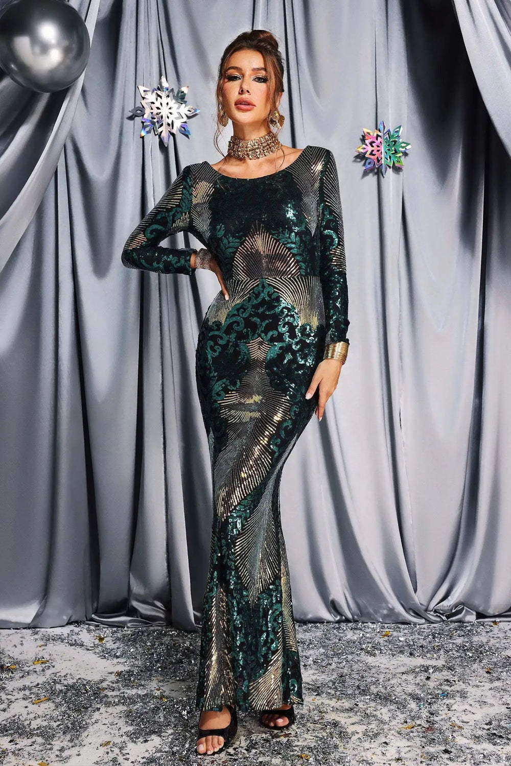 Bella Barnett Sexy See Through Long Sleeve Evening Maxi Green Christmas Women Dress Ladies Elegant Winteres