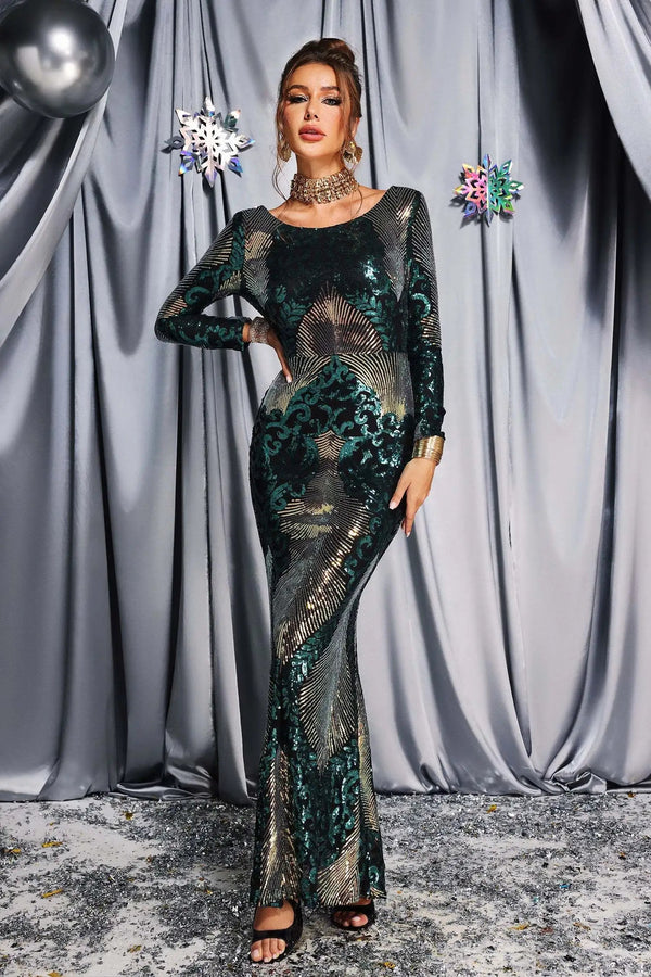 Bella Barnett Sexy See Through Long Sleeve Evening Maxi Green Christmas Women Dress Ladies Elegant Winteres