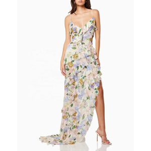 New Sexy Spaghetti Straps Floral Printed Ruffle Long Dress Women Sleeveless V Neck Printing Slim Dresses Beach Party Holiday Winteres