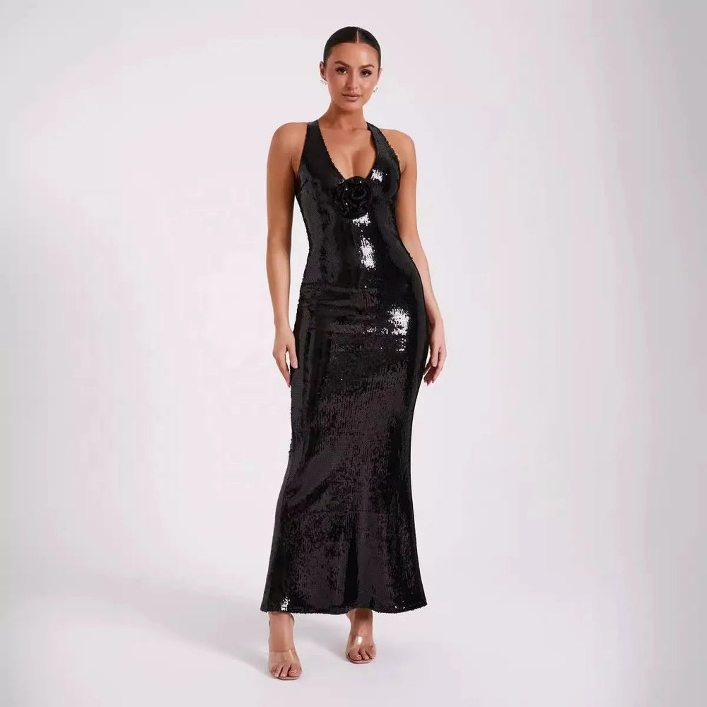 2024 Summer Women'S Dress Black Luxury Sequins Tight Sexy V-Neck Sleeveless Backless Catwalk Party Long Gowns With 3d Flower Winteres