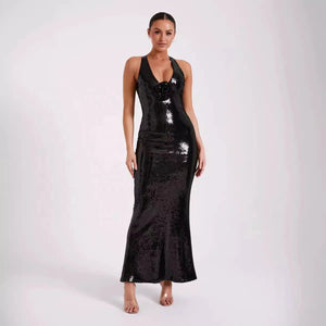 2024 Summer Women'S Dress Black Luxury Sequins Tight Sexy V-Neck Sleeveless Backless Catwalk Party Long Gowns With 3d Flower Winteres