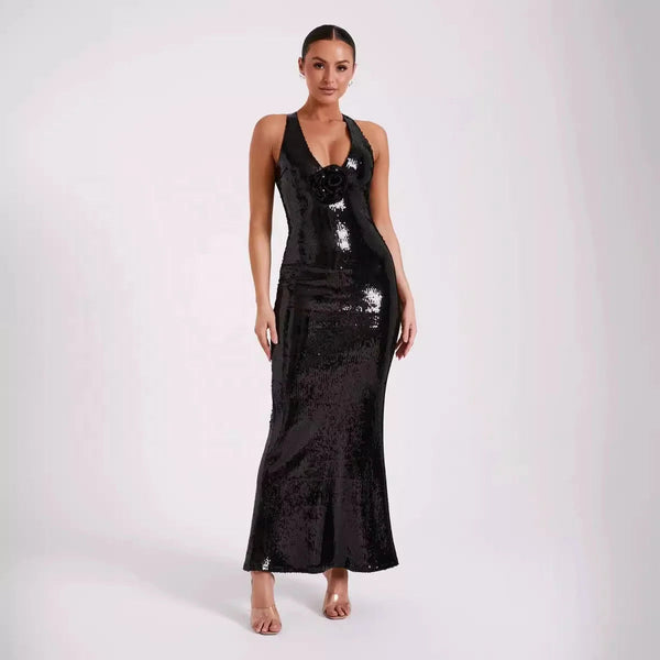 2024 Summer Women'S Dress Black Luxury Sequins Tight Sexy V-Neck Sleeveless Backless Catwalk Party Long Gowns With 3d Flower Winteres