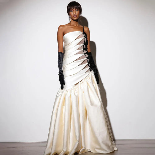 High Quality Boutique Strapless Fishtail Dress Single Shoulder Black and White Contrast Evening Wedding Dress Winteres