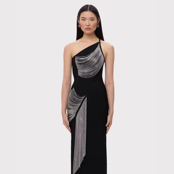 2025 High Quality New Silver Tassel Maxi Dress One Shoulder Elegant Party Black Evening Dress Winteres