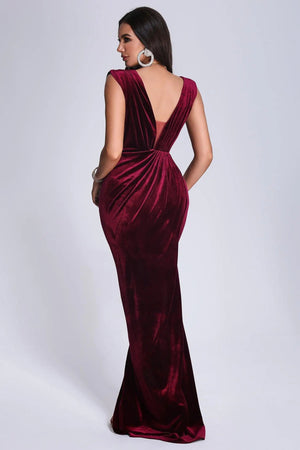 BEISHI Custom Clothing Manufacturer Wine Red Sexy Deep V Neck Sleeveless Evening Luxury Prom Velvet Maxi Women Dress Elegant Winteres