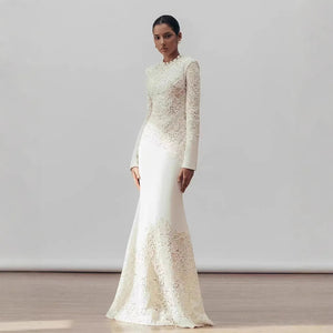 Fashion Luxury High Quality Vintage Elegant Hook Flower Fishtail White Dress 2024 Winter New Tight Banquet Evening Dress Winteres