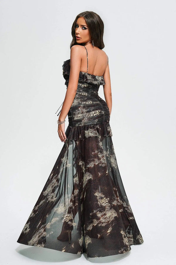 Bella Barnett Oem Custom Women Sexy Mesh Print Long Mesh Maxi Dress Ladies Elegant Winteres