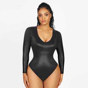 Slimming V-Neck Thong Bodysuit – Long Sleeve, High Elastic Winteres