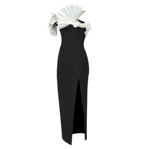 European and American Black and White Folding Fan Style Sexy Elegant Party Dress for Women Winteres