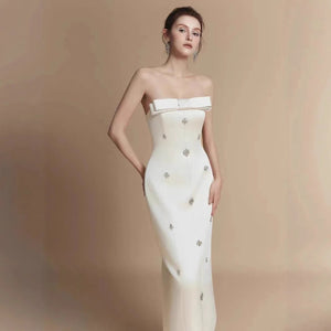 Fashion Luxury 2025 Vietnam Unique Beaded Bow White Formal Evening Dress Strapless Slim Fit Long Elegant Dress Winteres