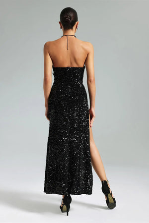 Soloma Rebel Sequins Feather Slit Maxi Dress Winteres