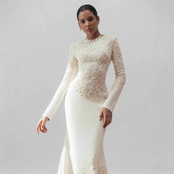 Fashion Luxury High Quality Vintage Elegant Hook Flower Fishtail White Dress 2024 Winter New Tight Banquet Evening Dress Winteres