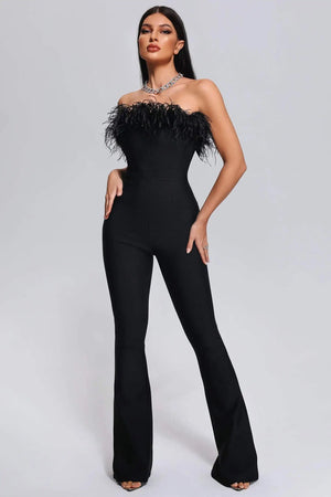 BEISHI Elegant Black One Piece Bodycon Playsuit Solid Strapless Off the Shoulder Bandage Jumpsuit Feather Women Winteres