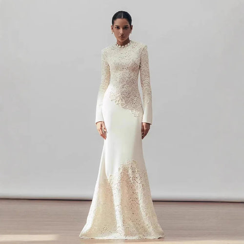 Fashion Luxury High Quality Vintage Elegant Hook Flower Fishtail White Dress 2024 Winter New Tight Banquet Evening Dress Winteres