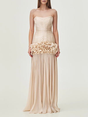 Beige strapless gown with floral details on a white background