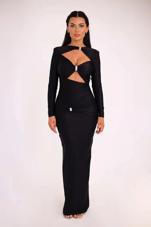 Add a touch of elegance to your wardrobe with this sexy maxi dress. The hollow out long sleeves add a hint of allure while the solid color and slim fit provide a sle