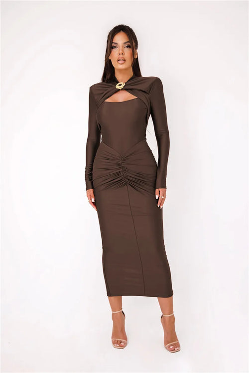 Unleash your daring side with the LYDIE Hollow Out Maxi Dress! Featuring a sexy slit, elegant ruching, and intricate hollow out details, this dress is perfect for ta