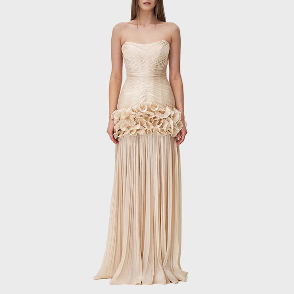 Beige strapless gown with floral details on a white background