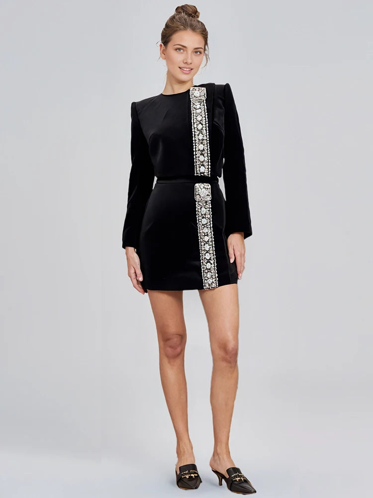 Diamond Black Top Short Skirt Set Two-piece Set Outfits Winteres