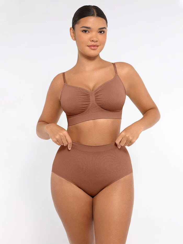 Woman wearing a brown bikini set on a white background