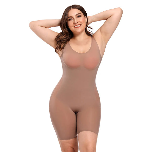 Woman wearing a beige bodysuit on a white background