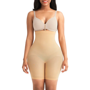 Woman wearing a beige shapewear bodysuit on a white background