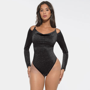 Shaping Bodysuit - Long Sleeves, Shiny Effect, Built-in Bra & Thong Winteres