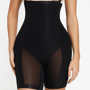 Black shapewear with sheer panels on a white background
