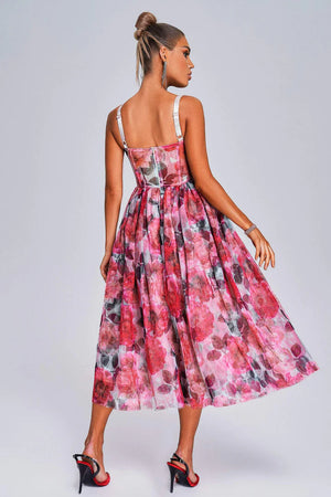 Women Sleeveless Hot Pink Floral Corset Mesh Midi Dress Winteres