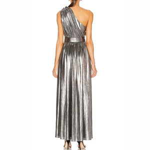 Silver one-shoulder gown on a white background