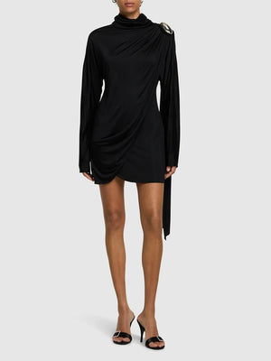 Black long-sleeve dress with a unique shoulder design on a white background