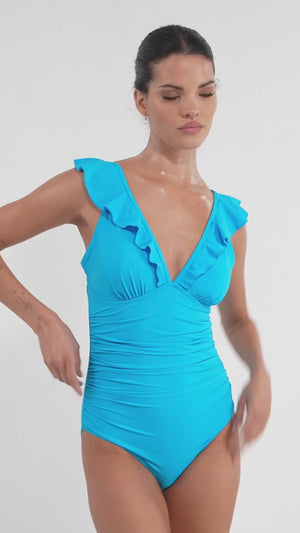 Lace-up bikini swimsuit with ruffles on the shoulders, shaping effect