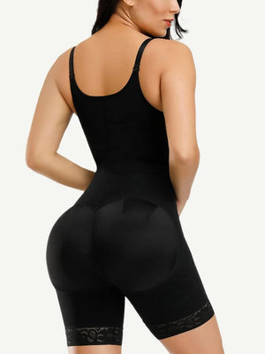 Black shapewear garment worn by a model on a plain background