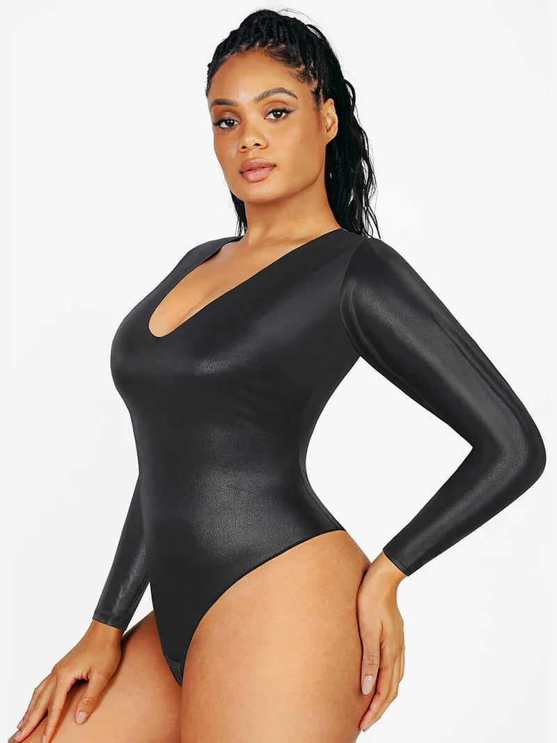 Slimming V-Neck Thong Bodysuit – Long Sleeve, High Elastic Winteres