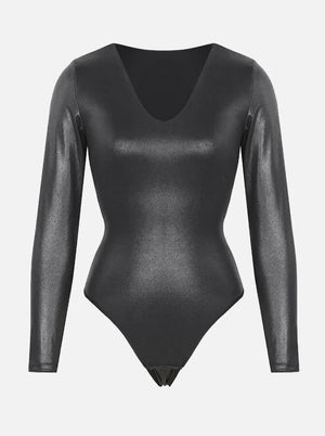Slimming V-Neck Thong Bodysuit – Long Sleeve, High Elastic Winteres
