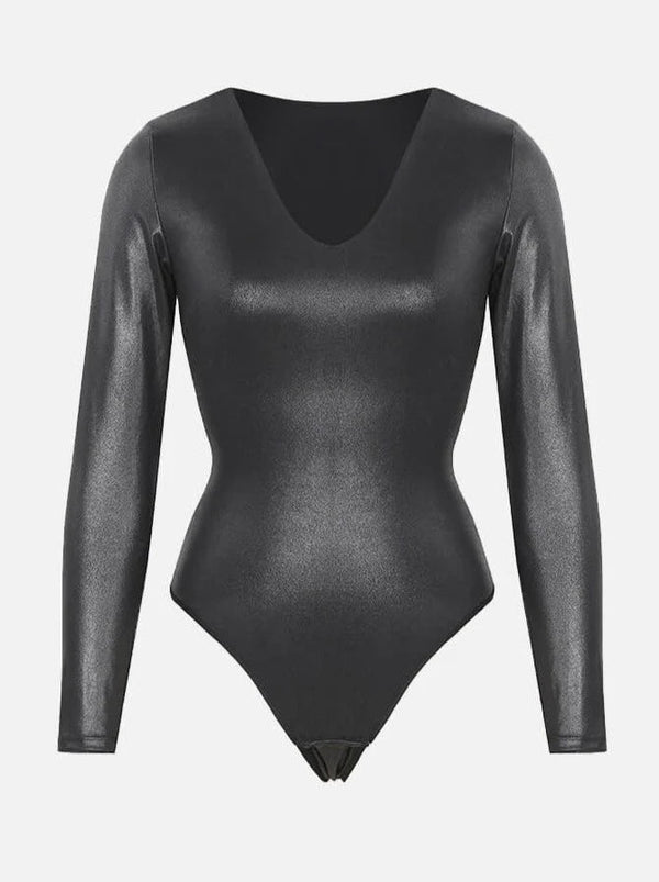 Slimming V-Neck Thong Bodysuit – Long Sleeve, High Elastic Winteres