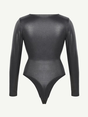 Slimming V-Neck Thong Bodysuit – Long Sleeve, High Elastic Winteres