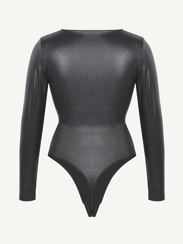 Slimming V-Neck Thong Bodysuit – Long Sleeve, High Elastic Winteres