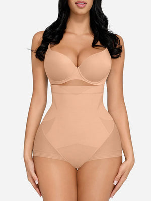 Woman wearing a beige shapewear bodysuit on a white background